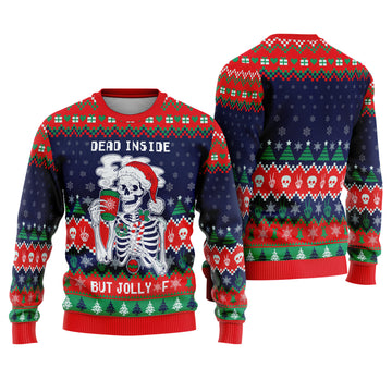 Dead Inside But Jolly AF Skeleton Ugly Christmas Sweater - Funny Holiday Knit Print