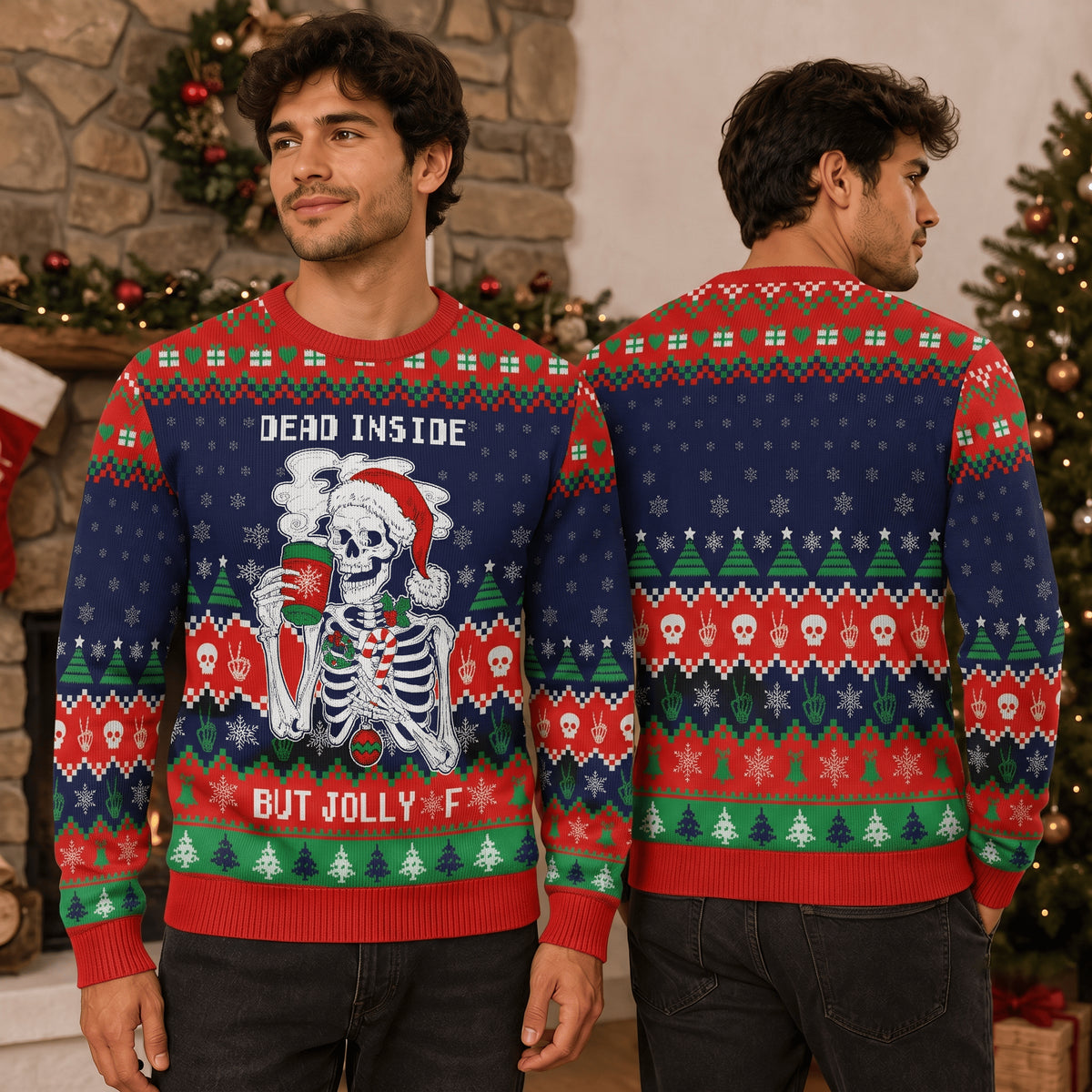 Dead Inside But Jolly AF Skeleton Ugly Christmas Sweater - Funny Holiday Knit Print