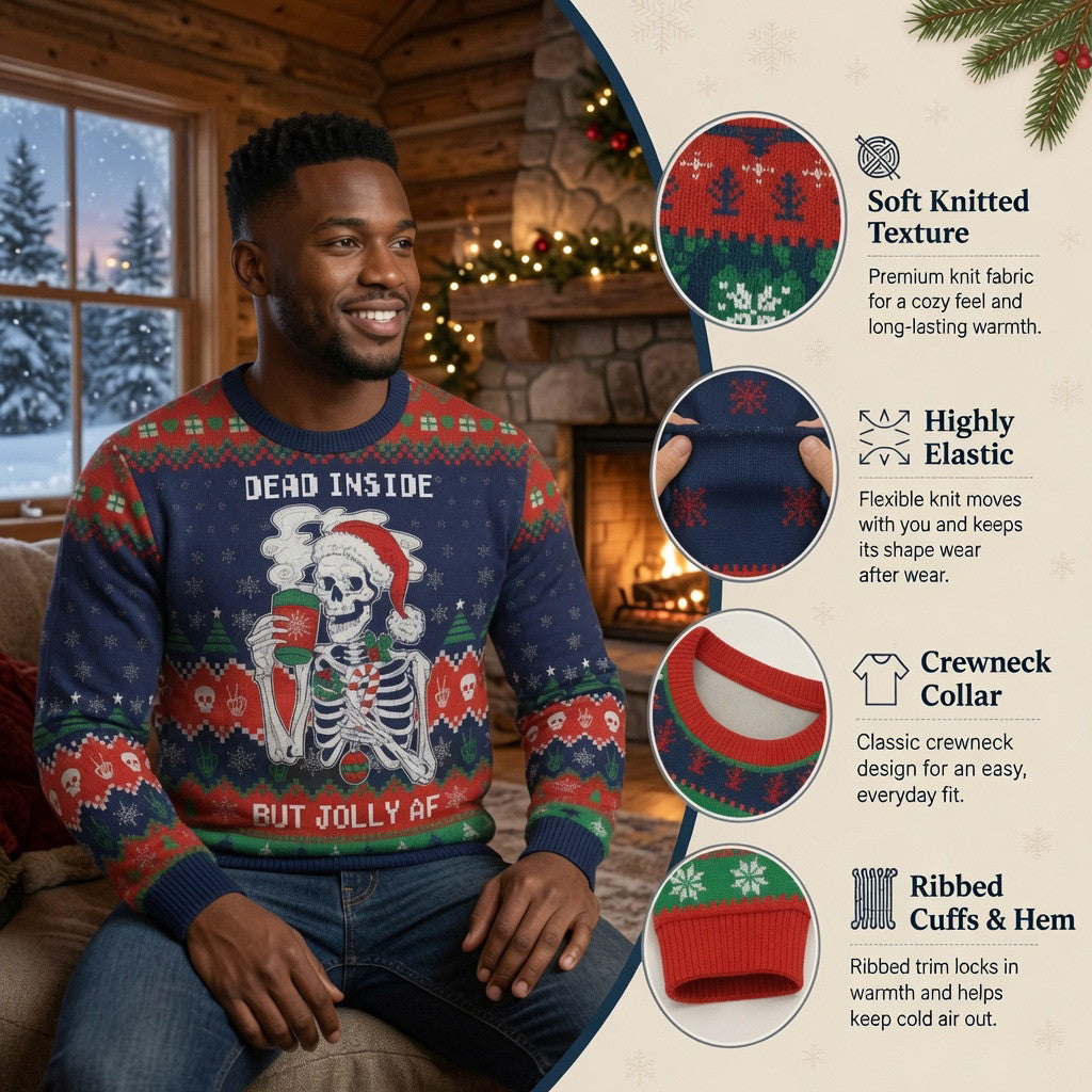 Dead Inside But Jolly AF Skeleton Ugly Christmas Sweater - Funny Holiday Knit Print