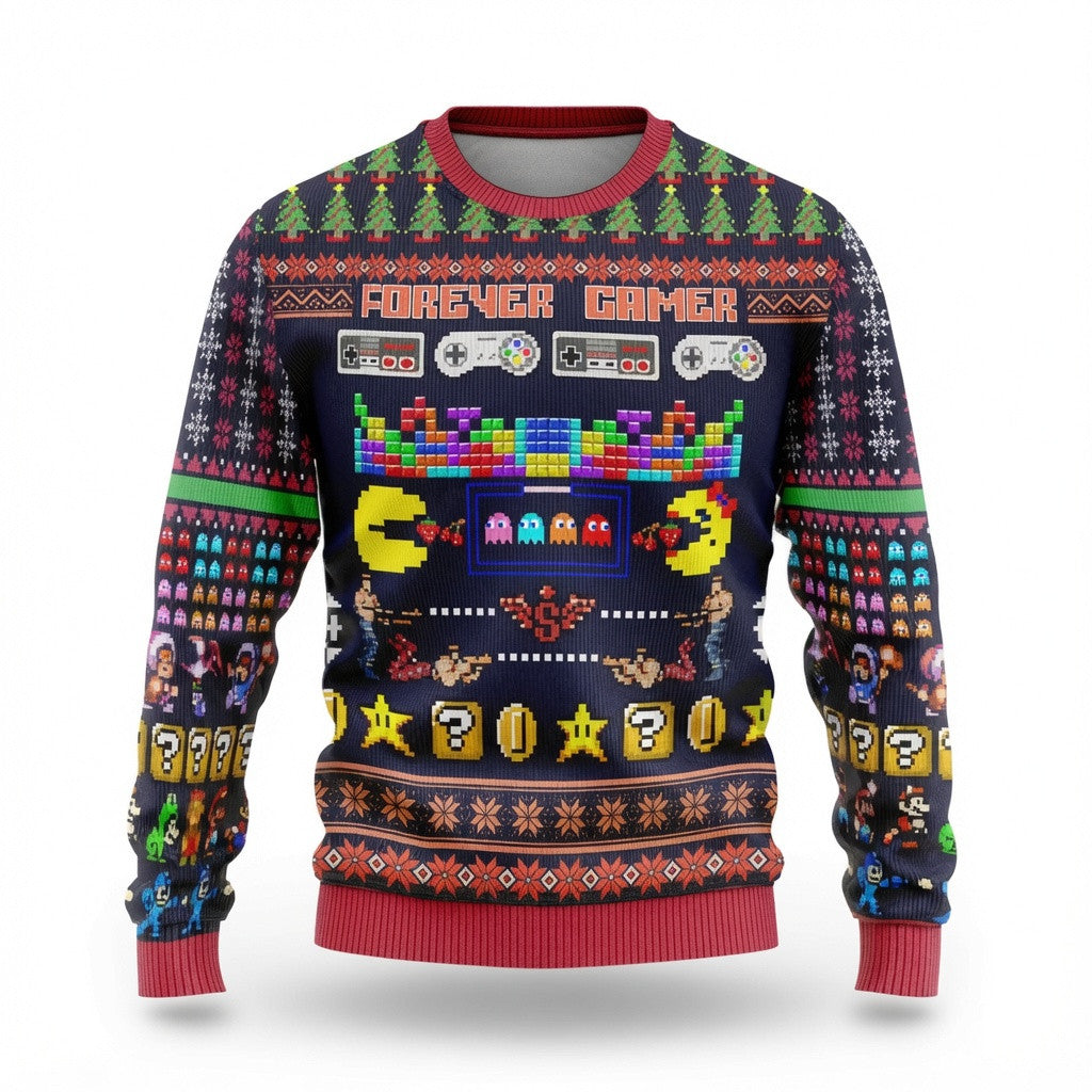 Retro Gaming Ugly Christmas Sweater - Classic Pac-Man and Super Mario Knit Print