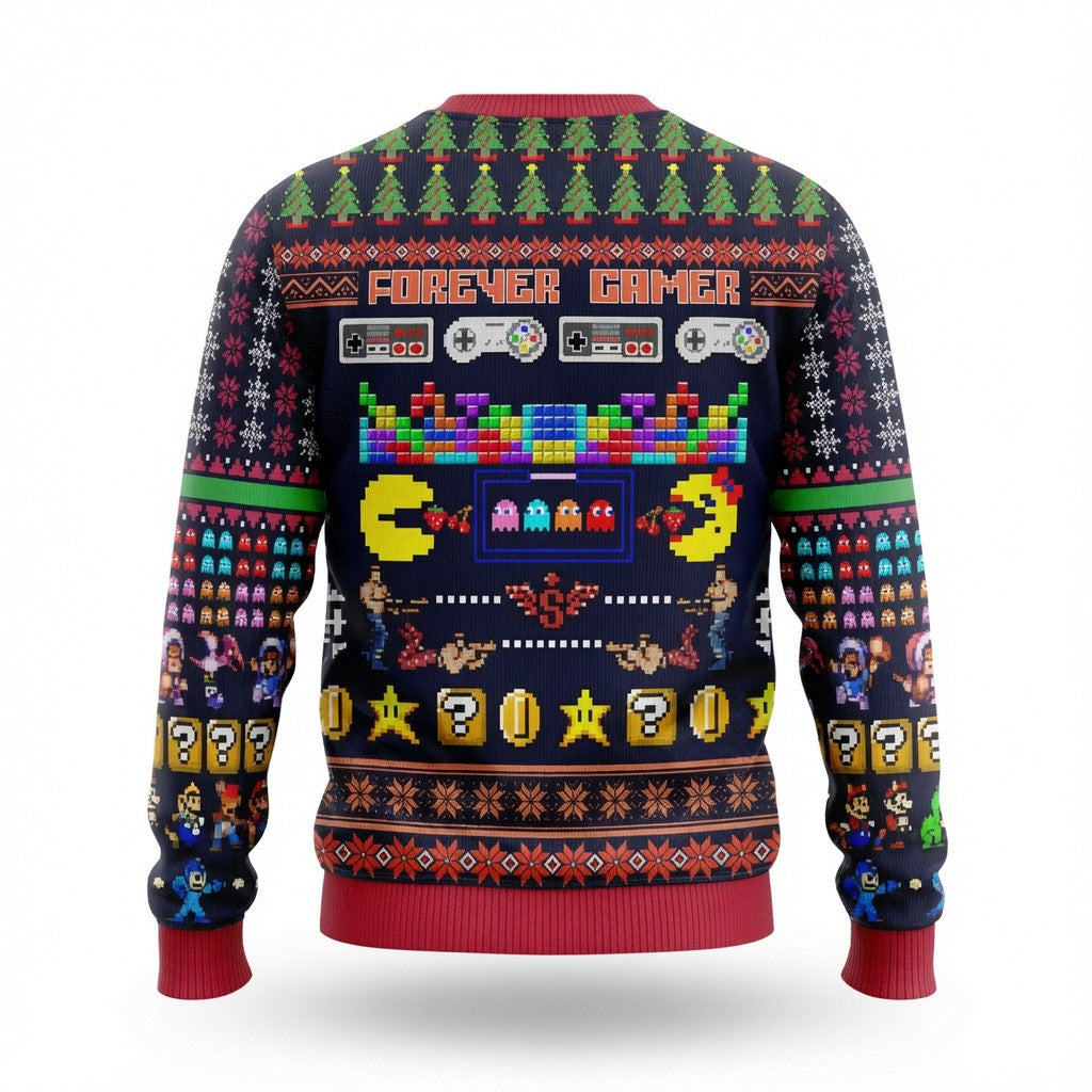 Retro Gaming Ugly Christmas Sweater - Classic Pac-Man and Super Mario Knit Print