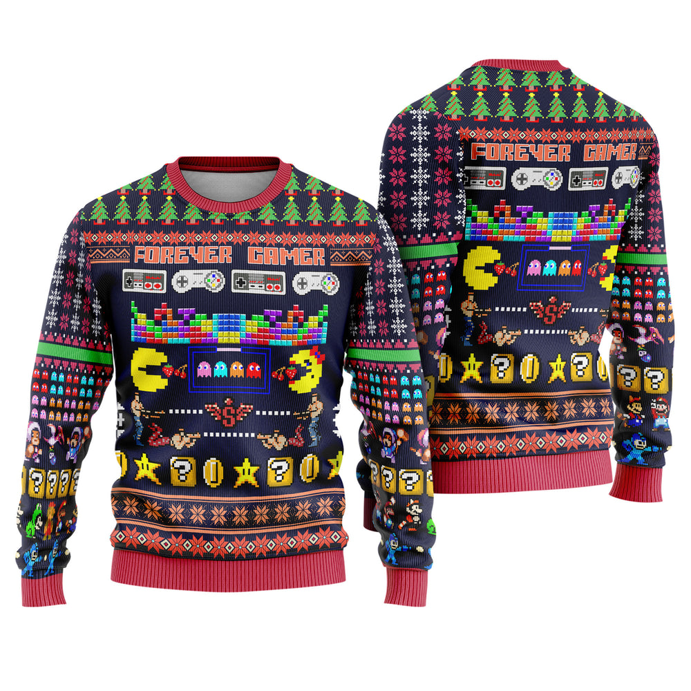 Retro Gaming Ugly Christmas Sweater - Classic Pac-Man and Super Mario Knit Print