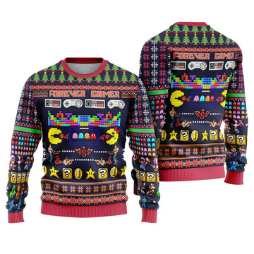 Retro Gaming Ugly Christmas Sweater - Classic Pac-Man and Super Mario Knit Print
