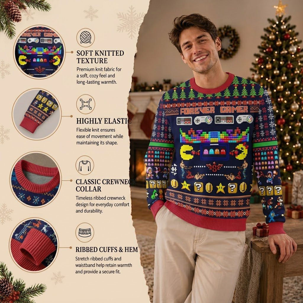Retro Gaming Ugly Christmas Sweater - Classic Pac-Man and Super Mario Knit Print