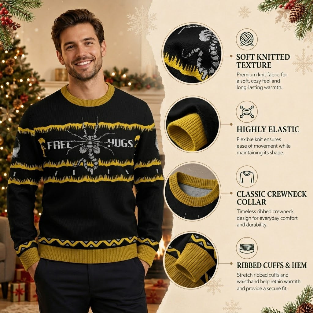 Alien Free Hugs Ugly Christmas Sweater - Sci-Fi Movie Holiday Knit Print