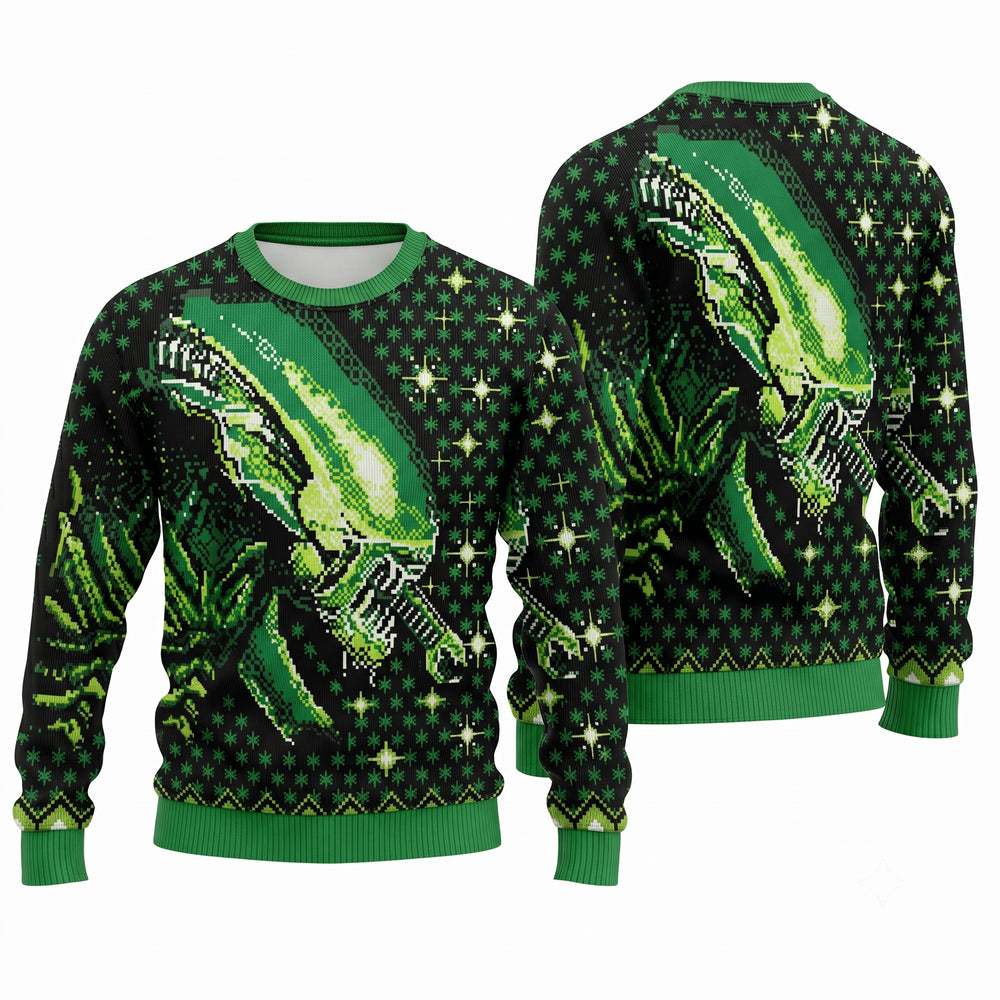 Alien Green Ugly Christmas Sweater - Sci-Fi Movie Holiday Knit Print