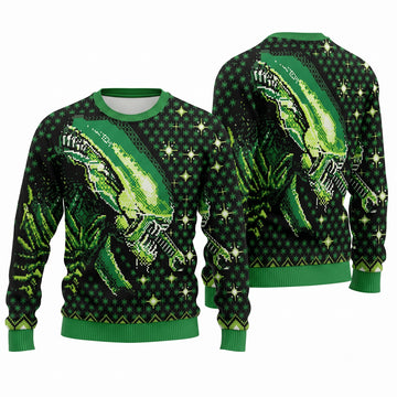 Alien Green Ugly Christmas Sweater - Sci-Fi Movie Holiday Knit Print