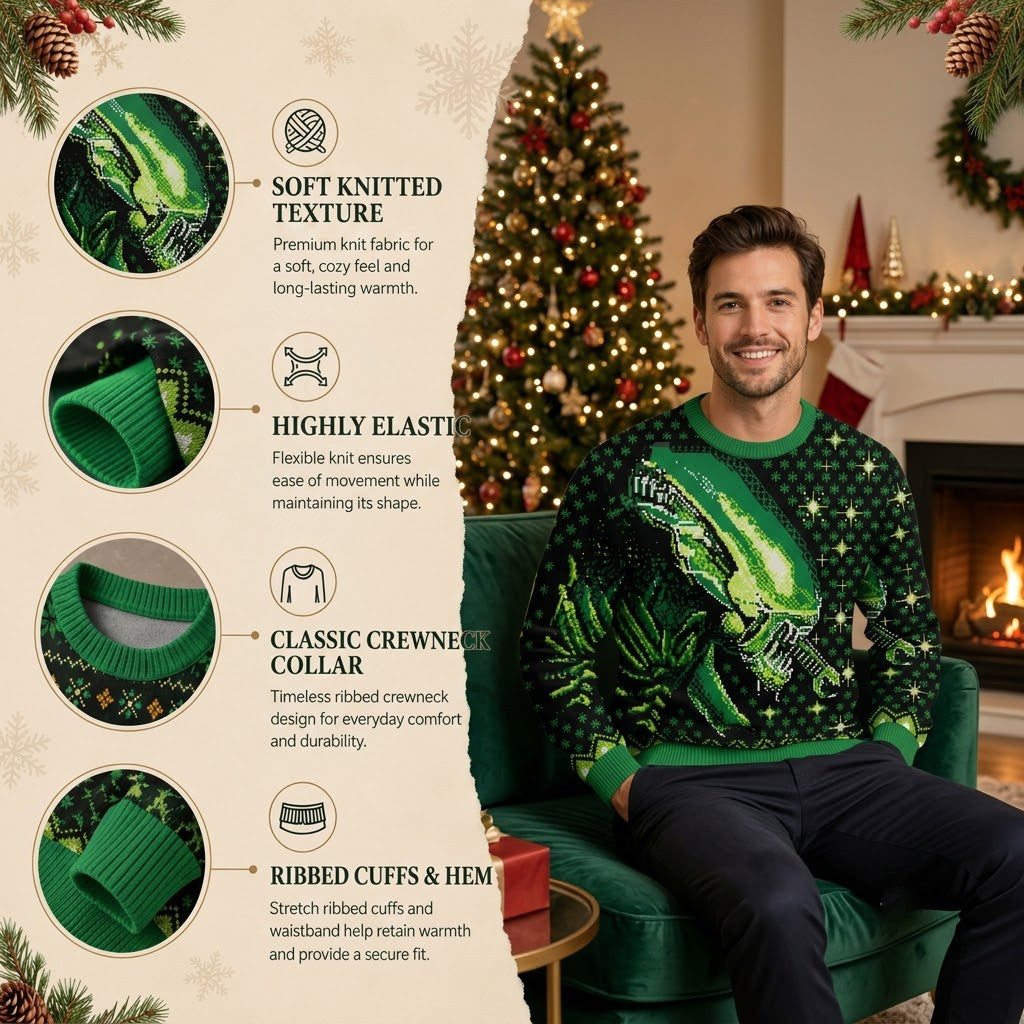 Alien Green Ugly Christmas Sweater - Sci-Fi Movie Holiday Knit Print
