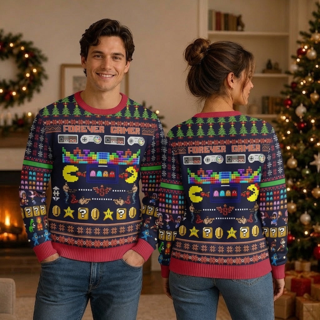 Retro Gaming Ugly Christmas Sweater - Classic Pac-Man and Super Mario Knit Print