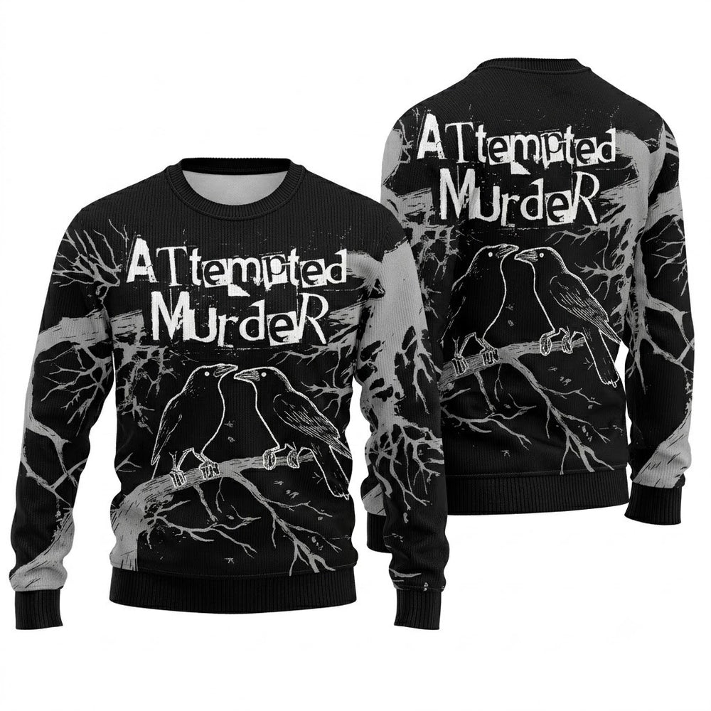 Attempted Murder Black Crow Ugly Christmas Sweater - Goth Raven Holiday Knit Print