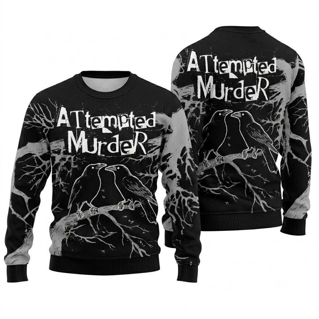 Attempted Murder Black Crow Ugly Christmas Sweater - Goth Raven Holiday Knit Print