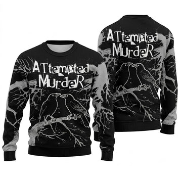 Attempted Murder Black Crow Ugly Christmas Sweater - Goth Raven Holiday Knit Print
