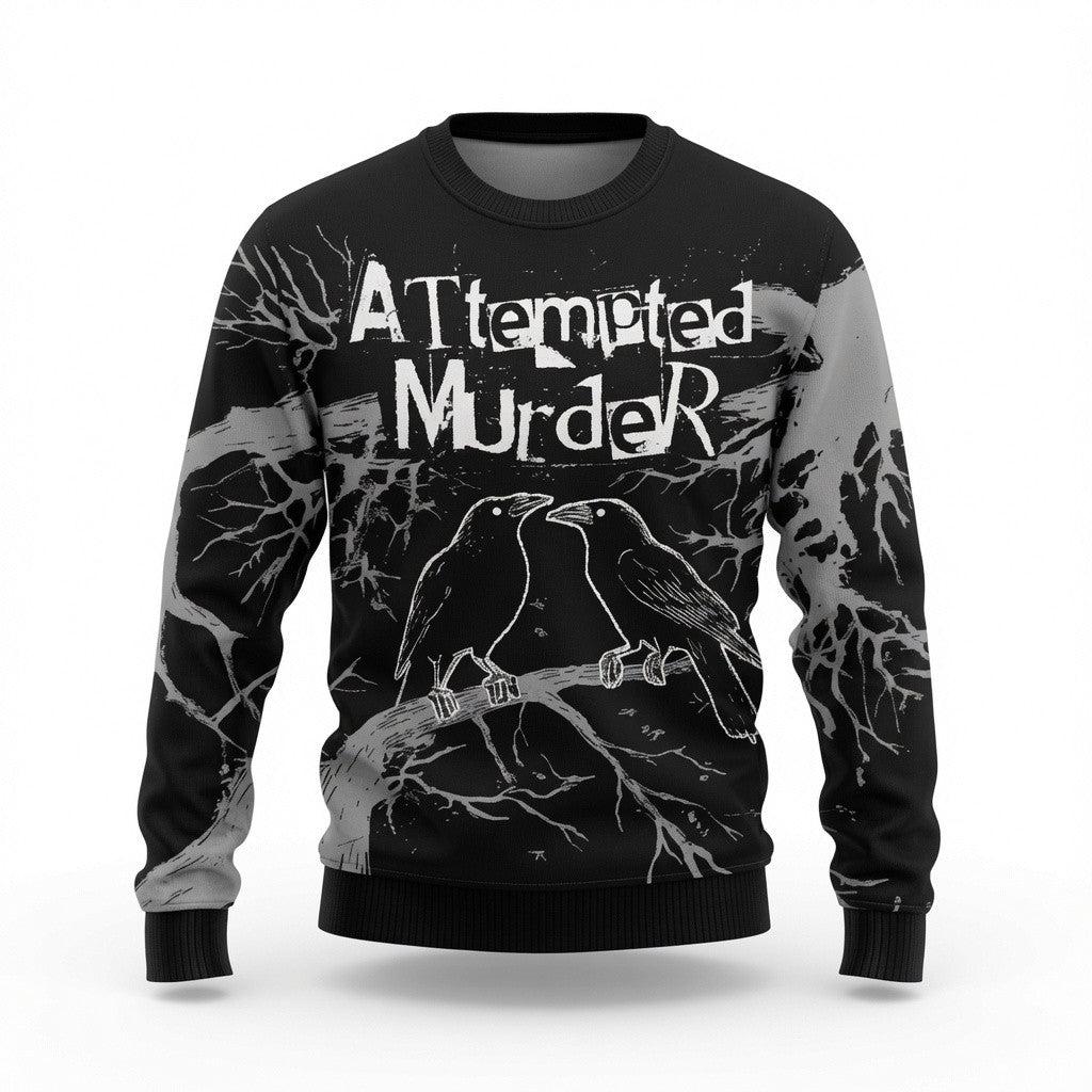 Attempted Murder Black Crow Ugly Christmas Sweater - Goth Raven Holiday Knit Print