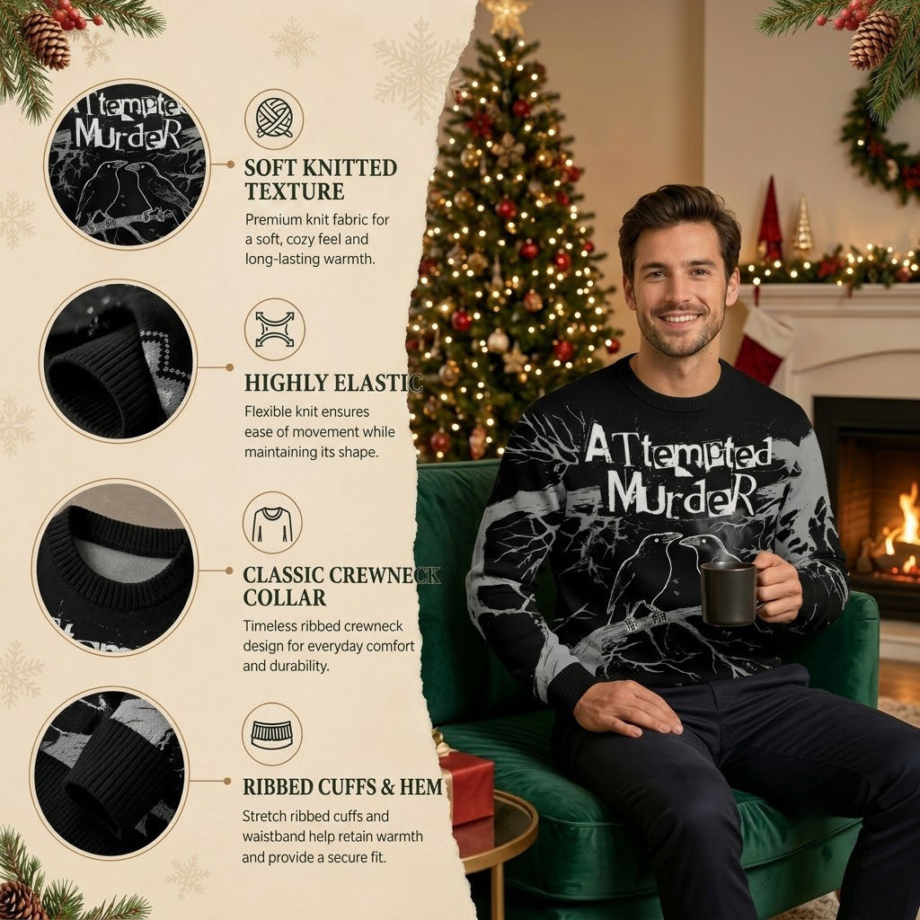 Attempted Murder Black Crow Ugly Christmas Sweater - Goth Raven Holiday Knit Print