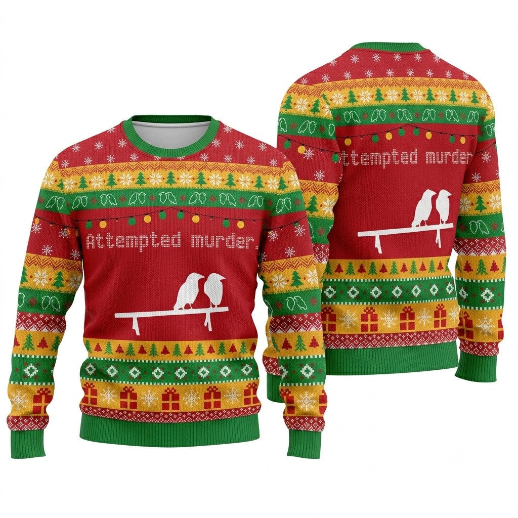 Attempted Murder Crow Ugly Christmas Sweater - Funny Raven Holiday Knit Print