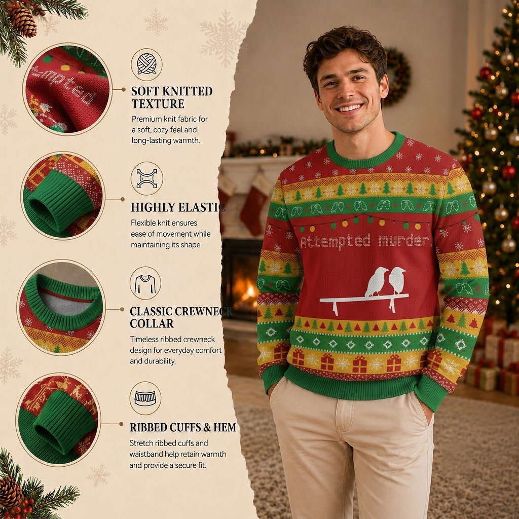 Attempted Murder Crow Ugly Christmas Sweater - Funny Raven Holiday Knit Print