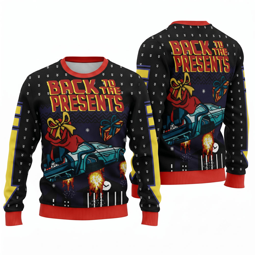 Back To The Present Ugly Christmas Sweater - Retro Sci-Fi Time Machine Holiday Knit Print