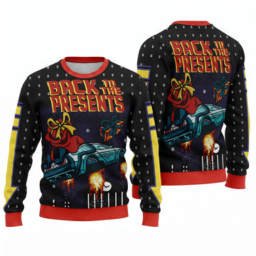 Back To The Present Ugly Christmas Sweater - Retro Sci-Fi Time Machine Holiday Knit Print