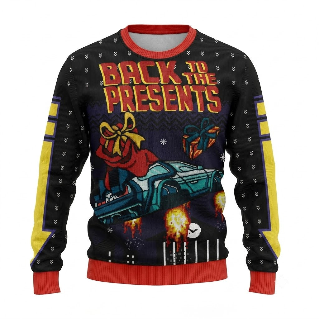 Back To The Present Ugly Christmas Sweater - Retro Sci-Fi Time Machine Holiday Knit Print