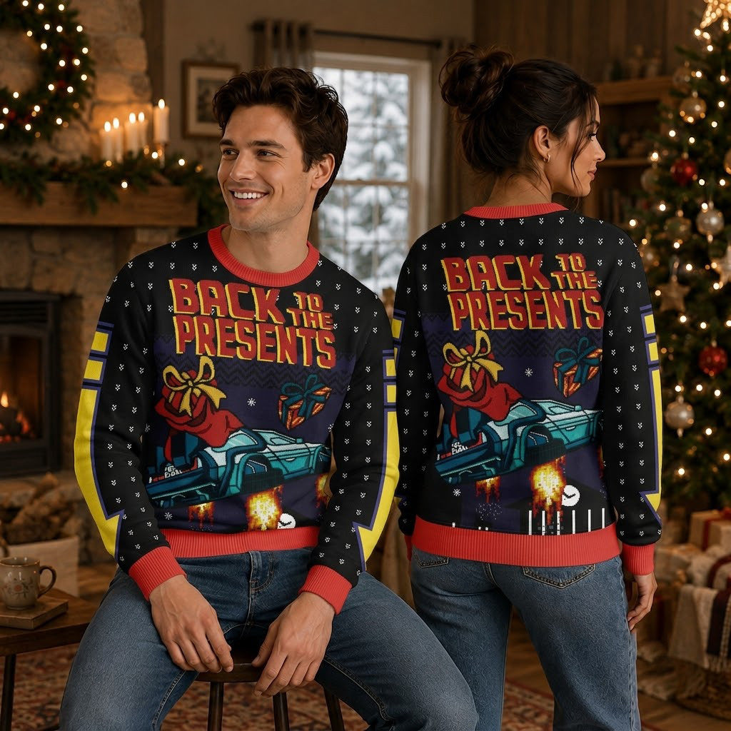 Back To The Present Ugly Christmas Sweater - Retro Sci-Fi Time Machine Holiday Knit Print