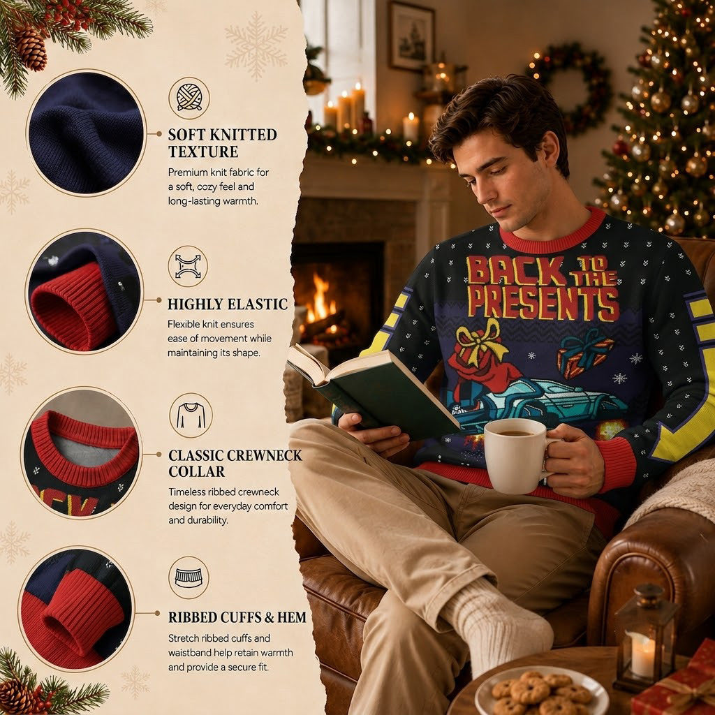 Back To The Present Ugly Christmas Sweater - Retro Sci-Fi Time Machine Holiday Knit Print