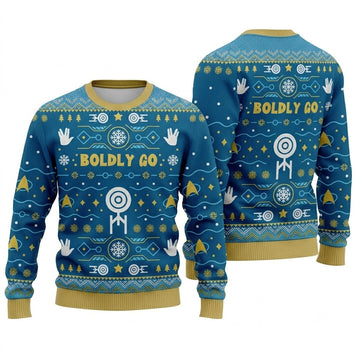Boldly Into Blue Ugly Christmas Sweater - Space Exploration Holiday Knit Print