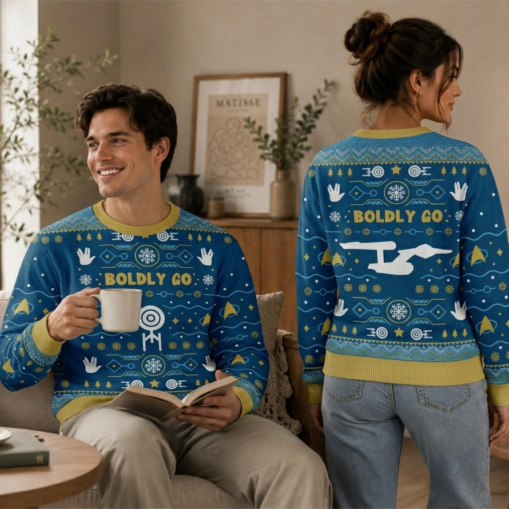 Boldly Into Blue Ugly Christmas Sweater - Space Exploration Holiday Knit Print