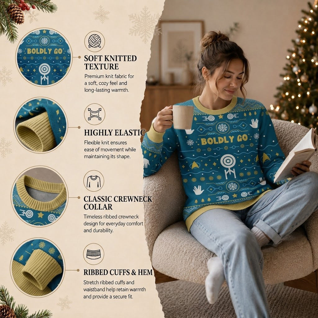 Boldly Into Blue Ugly Christmas Sweater - Space Exploration Holiday Knit Print