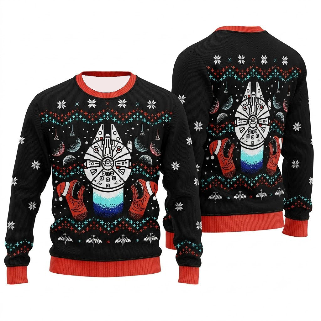 Star Wars Millennium Falcon Ugly Christmas Sweater - Cave Black Sci-Fi Knit Print