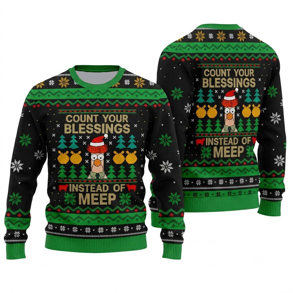 Count Your Blessings Instead of Meep Ugly Christmas Sweater - Funny Beaker Holiday Knit Print