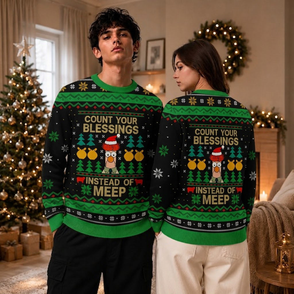 Count Your Blessings Instead of Meep Ugly Christmas Sweater - Funny Beaker Holiday Knit Print