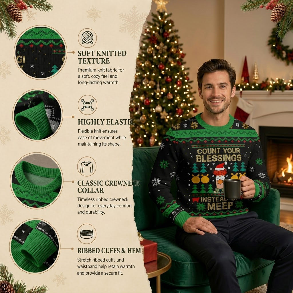 Count Your Blessings Instead of Meep Ugly Christmas Sweater - Funny Beaker Holiday Knit Print