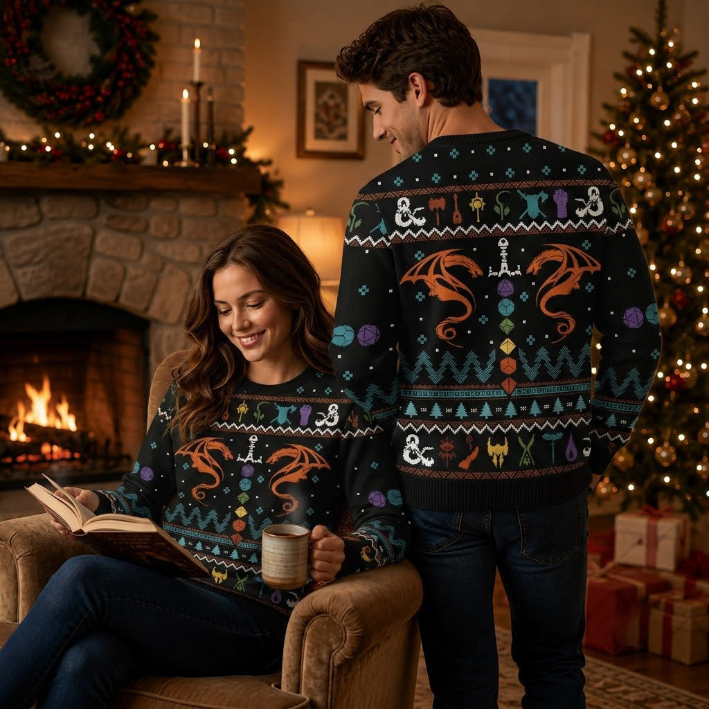 Dragon Dice Weapon Black Ugly Christmas Sweater - Tabletop RPG Holiday Knit Print