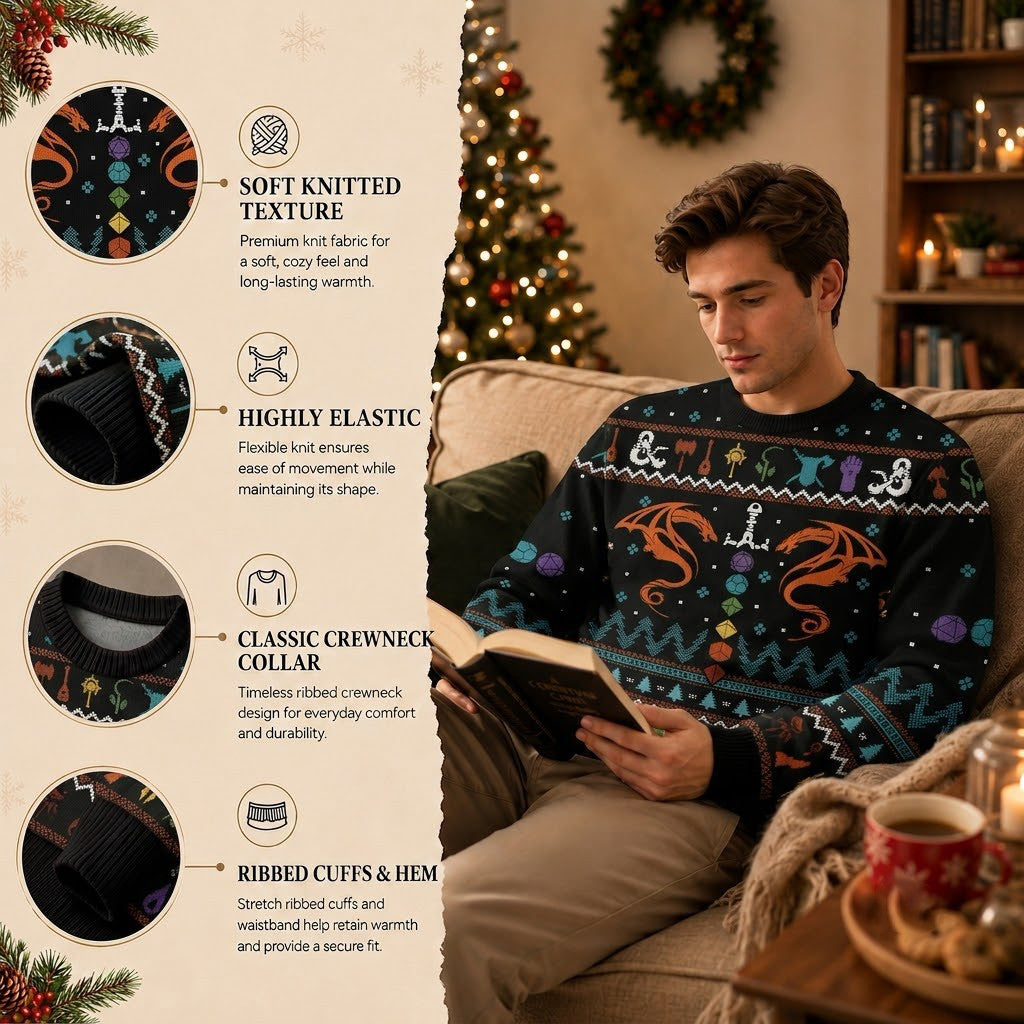Dragon Dice Weapon Black Ugly Christmas Sweater - Tabletop RPG Holiday Knit Print