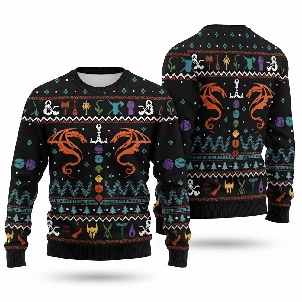 Dragon Dice Weapon Black Ugly Christmas Sweater - Tabletop RPG Holiday Knit Print