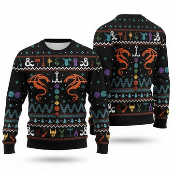Dragon Dice Weapon Black Ugly Christmas Sweater - Tabletop RPG Holiday Knit Print