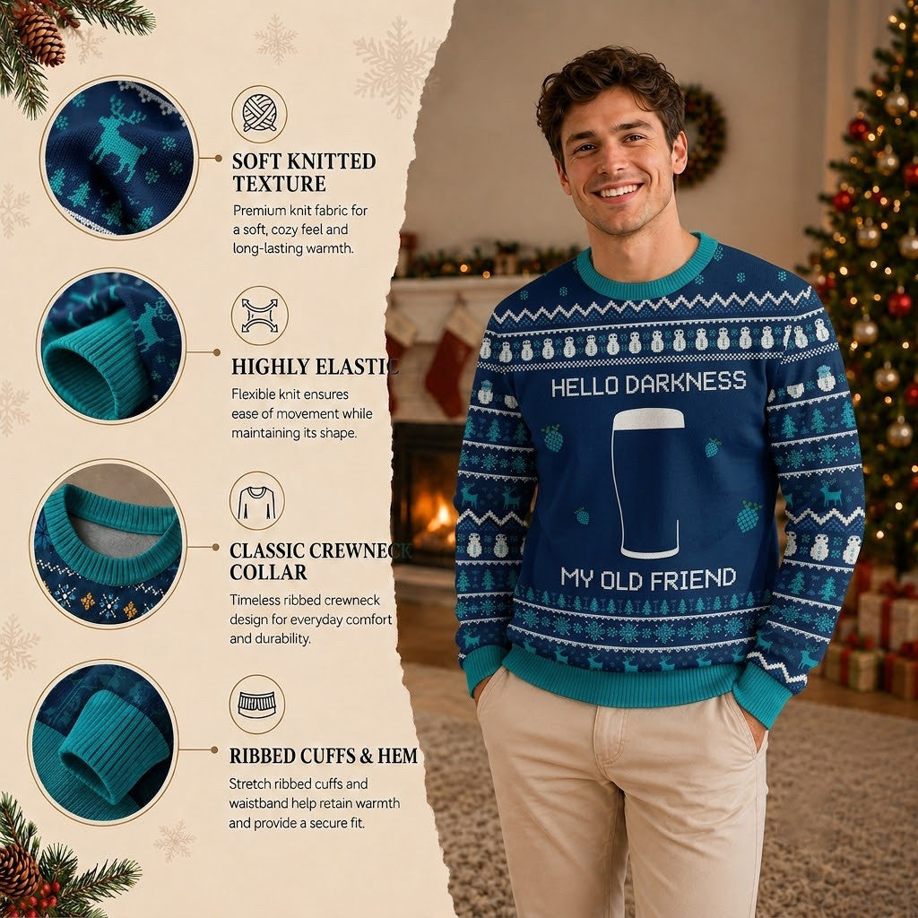 Hello Darkness My Old Friend Ugly Christmas Sweater - Funny Beer Lover Holiday Knit Print