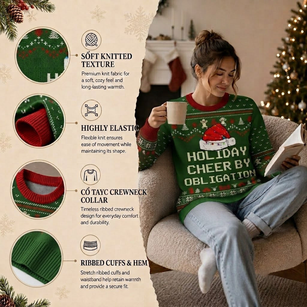 Holiday Cheer By Obligation Ugly Christmas Sweater - Funny Sarcastic Holiday Knit Print