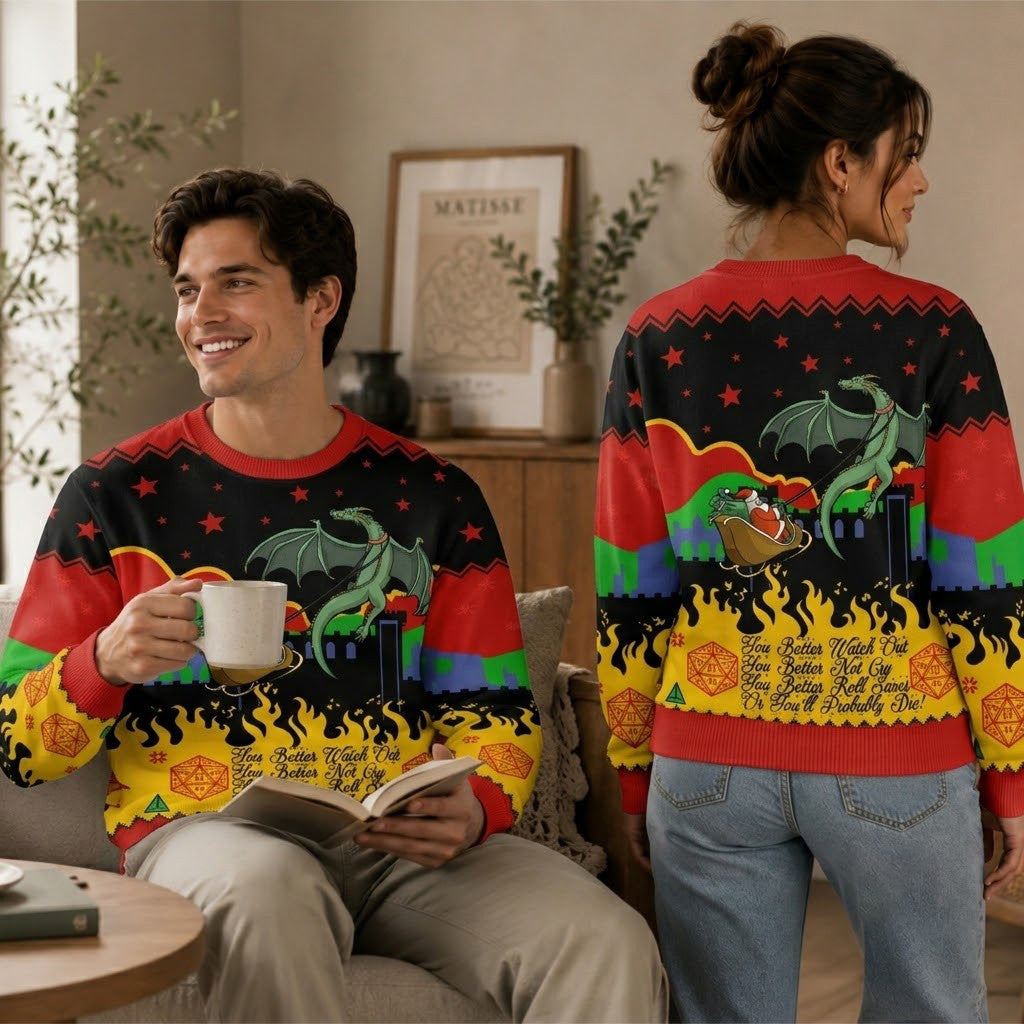 D20 Lover Ugly Christmas Sweater - Funny Tabletop RPG Dragon Holiday Knit Print