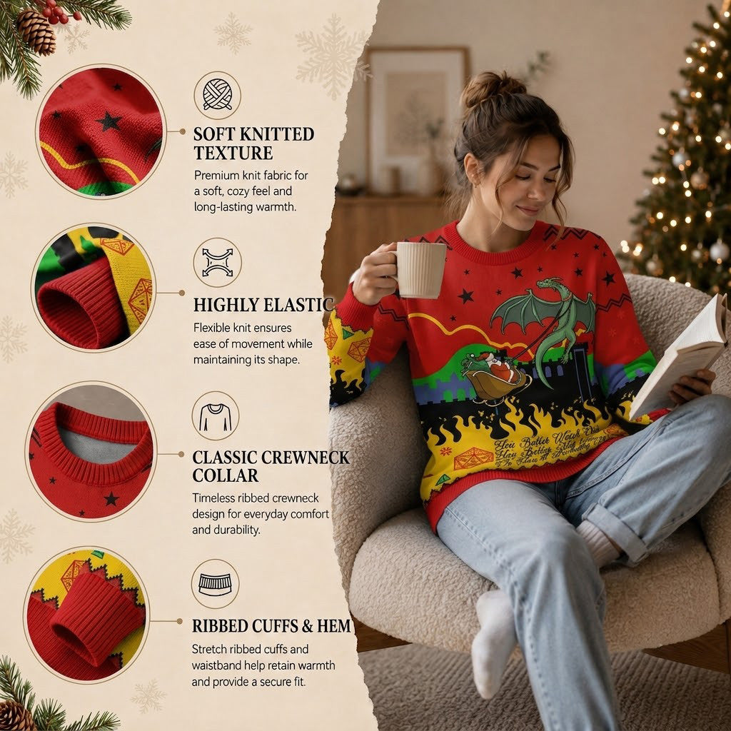 D20 Lover Ugly Christmas Sweater - Funny Tabletop RPG Dragon Holiday Knit Print