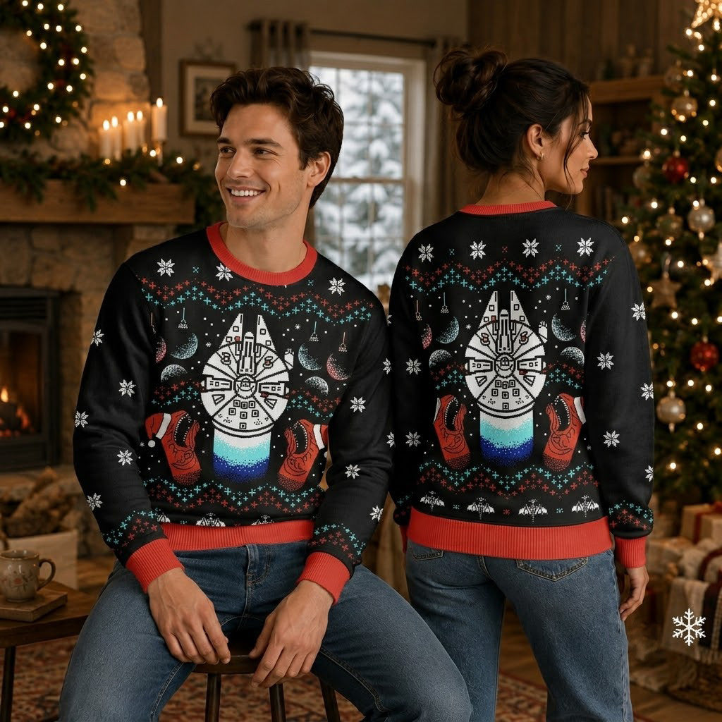 Star Wars Millennium Falcon Ugly Christmas Sweater - Cave Black Sci-Fi Knit Print