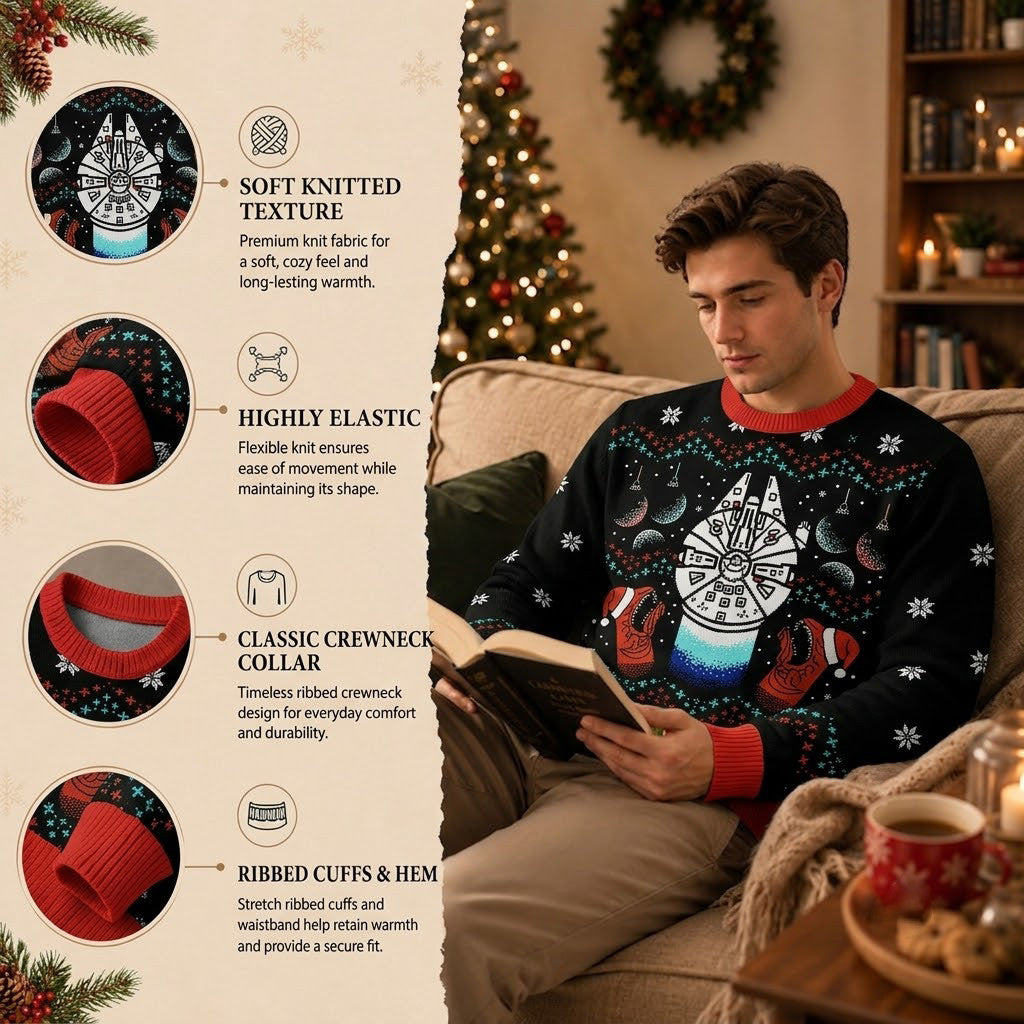 Star Wars Millennium Falcon Ugly Christmas Sweater - Cave Black Sci-Fi Knit Print