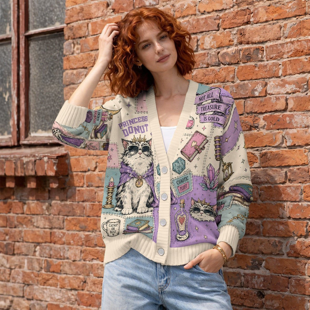 Dungeon Crawler Carl Princess Donut Wool Cardigan Sweater - Pastel Fantasy RPG Knitwear