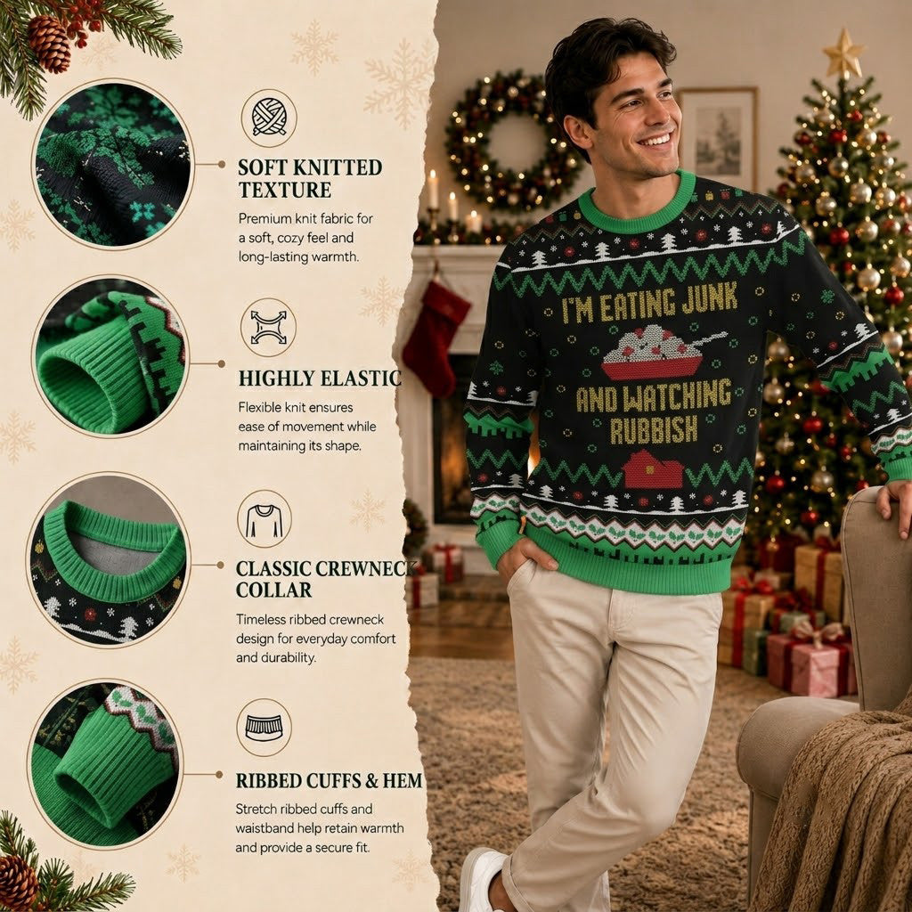 I am Eating Junk and Watching Rubbish Ugly Christmas Sweater - Funny Holiday Knit Print