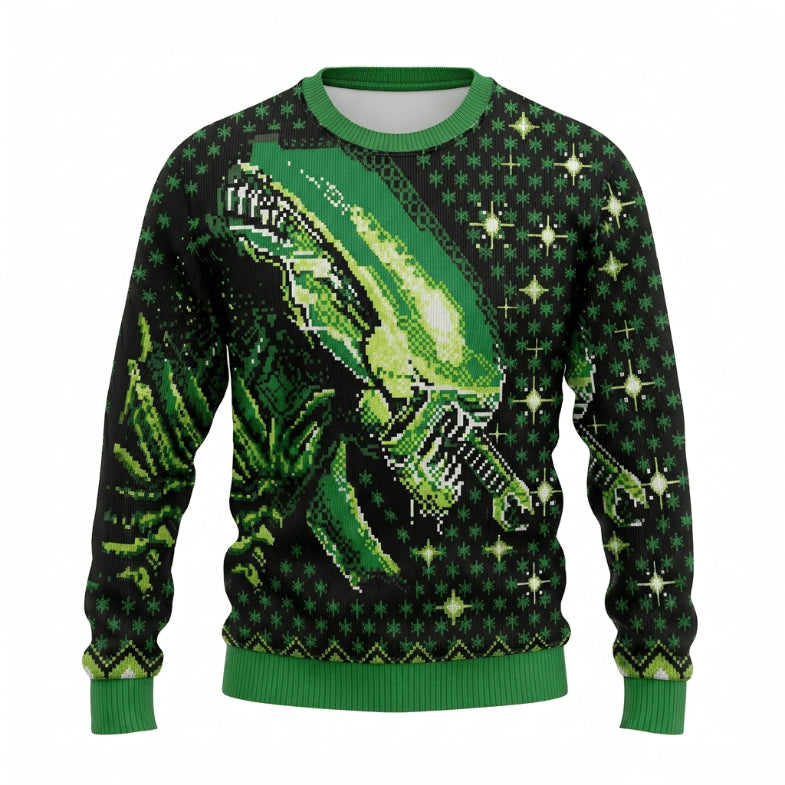 Alien Green Ugly Christmas Sweater - Sci-Fi Movie Holiday Knit Print