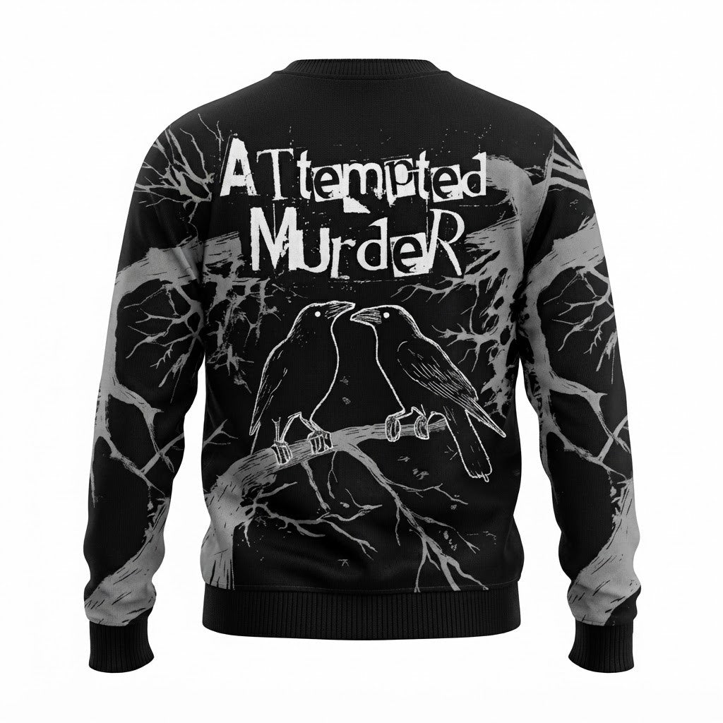 Attempted Murder Black Crow Ugly Christmas Sweater - Goth Raven Holiday Knit Print