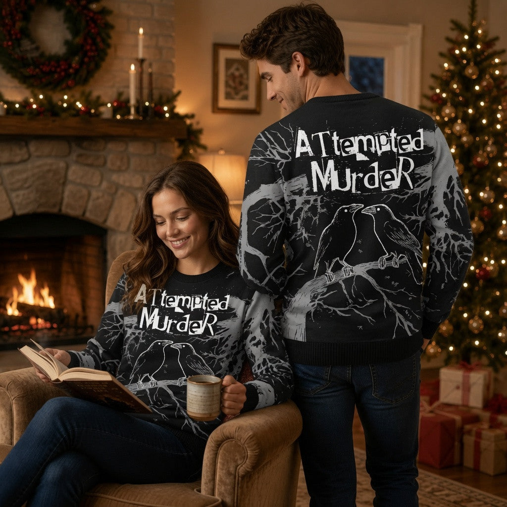 Attempted Murder Black Crow Ugly Christmas Sweater - Goth Raven Holiday Knit Print