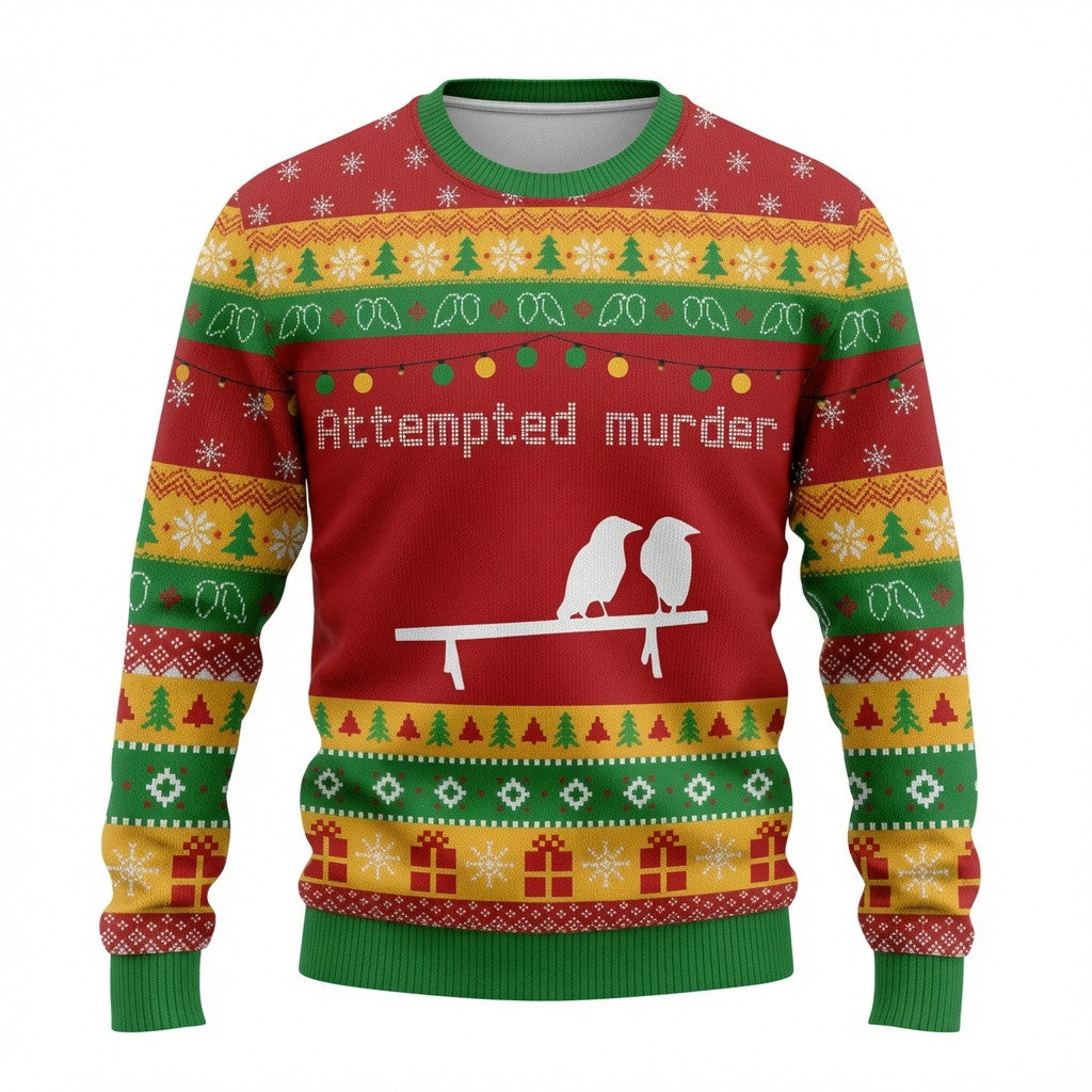 Attempted Murder Crow Ugly Christmas Sweater - Funny Raven Holiday Knit Print