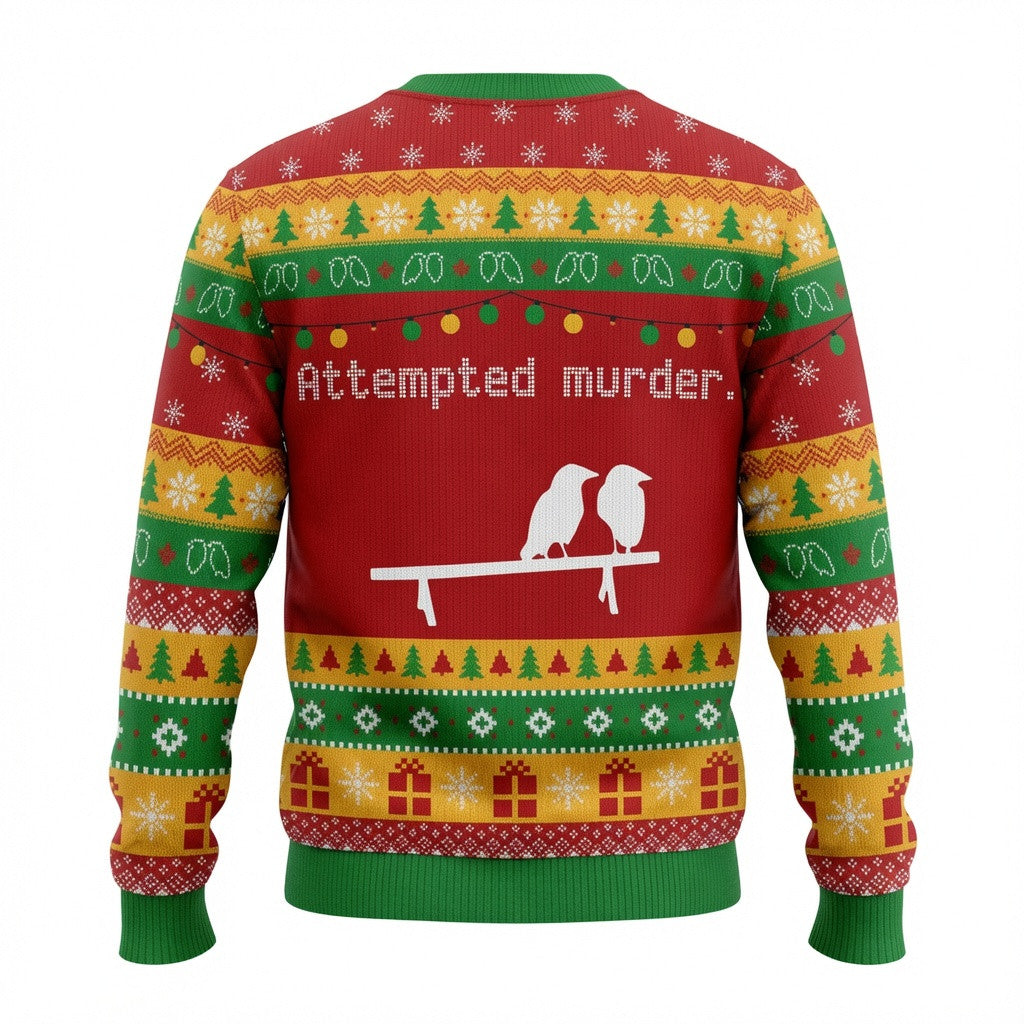 Attempted Murder Crow Ugly Christmas Sweater - Funny Raven Holiday Knit Print