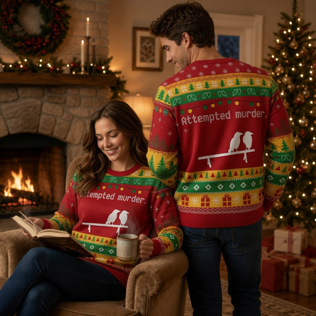 Attempted Murder Crow Ugly Christmas Sweater - Funny Raven Holiday Knit Print